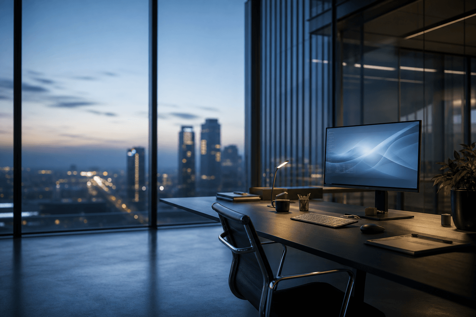 Modern agency workspace overlooking a city at dusk