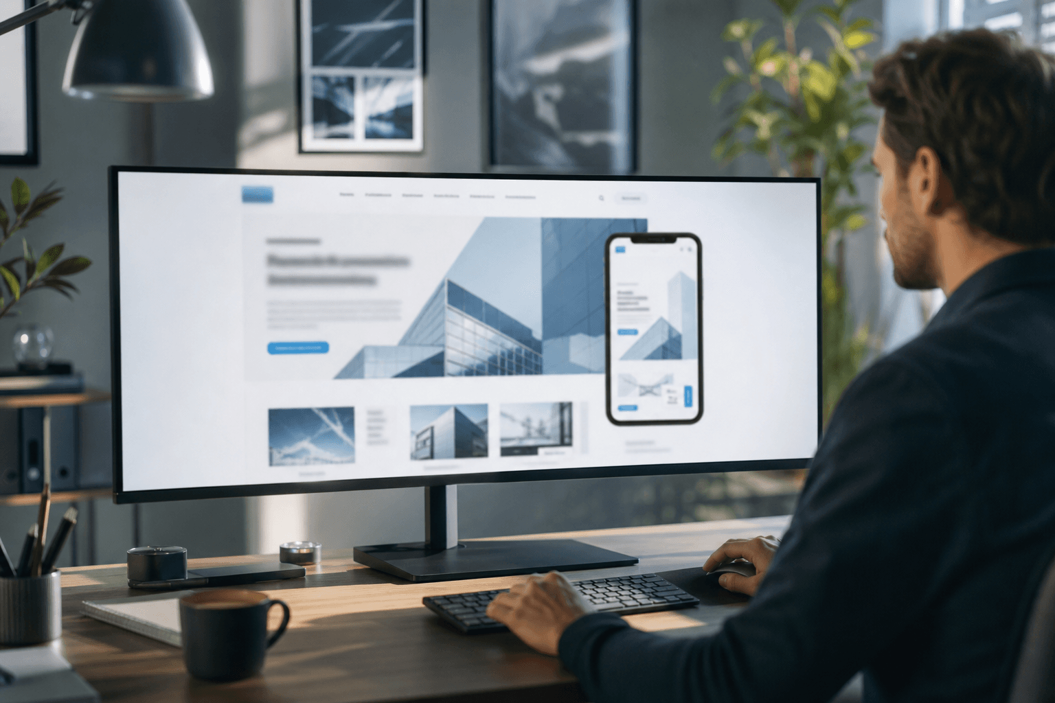 Modern website design workspace with a large display and soft daylight